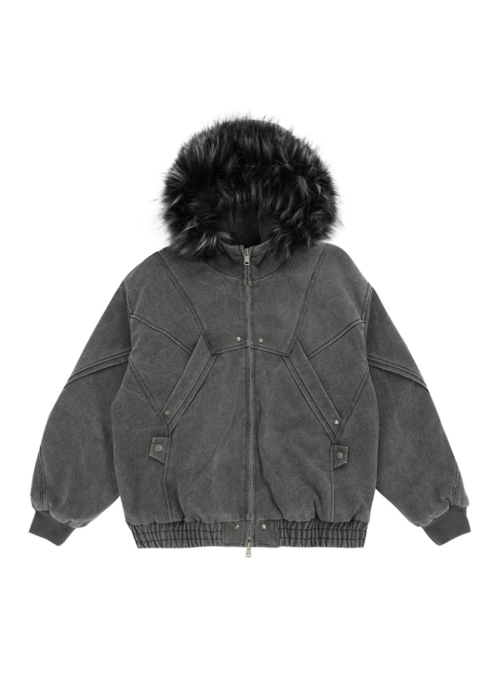 【MR nearly】Fur hoodie design double zip silhouette jacket  MR0149