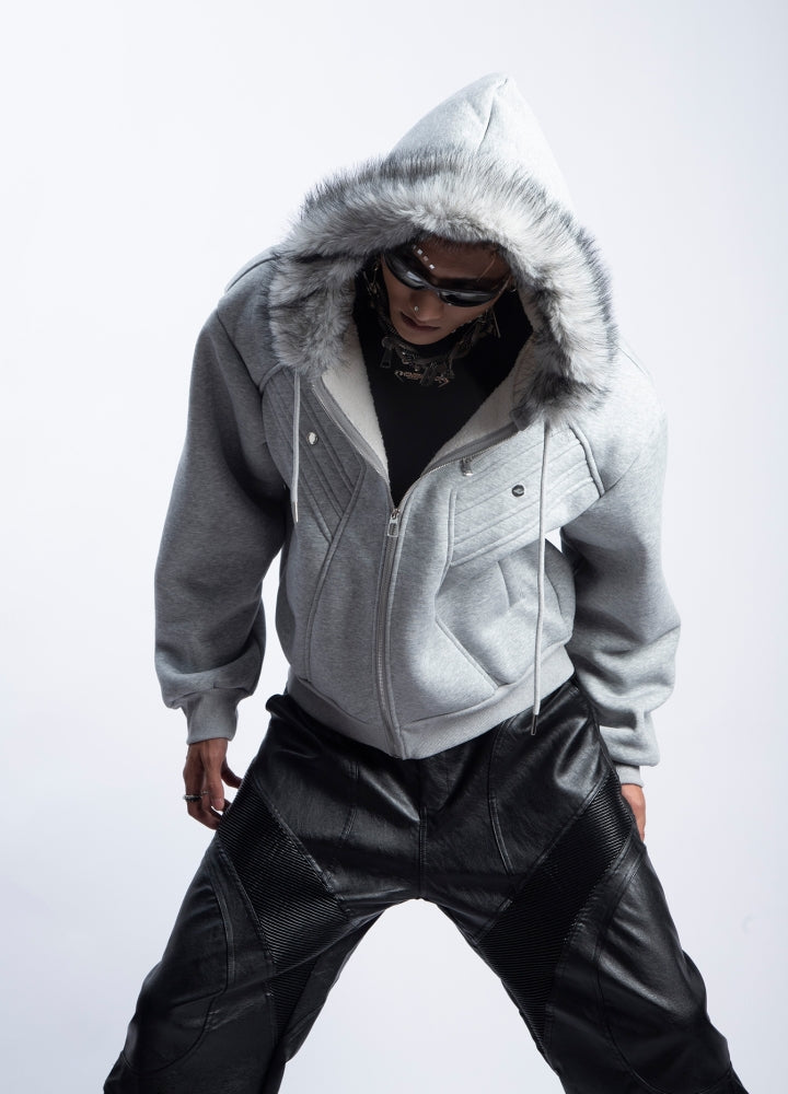 【PLAN1ONE】Sweat full zip fur hoodie style jacket  PL0051