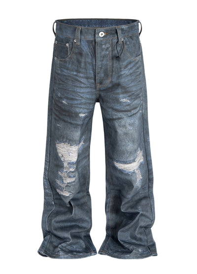 【Blacklists】Navy blue distressed wide denim pants  BL0028