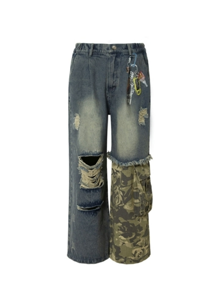 【MAXDSTR】Half-gimmick camouflage design layered distressed denim pants  MD0193