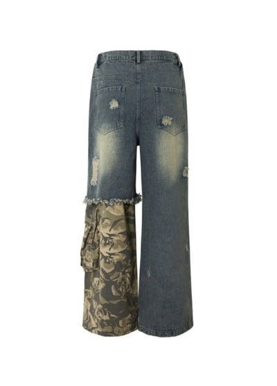 【MAXDSTR】Half-gimmick camouflage design layered distressed denim pants  MD0193