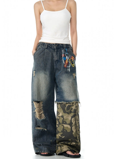 【MAXDSTR】Half-gimmick camouflage design layered distressed denim pants  MD0193