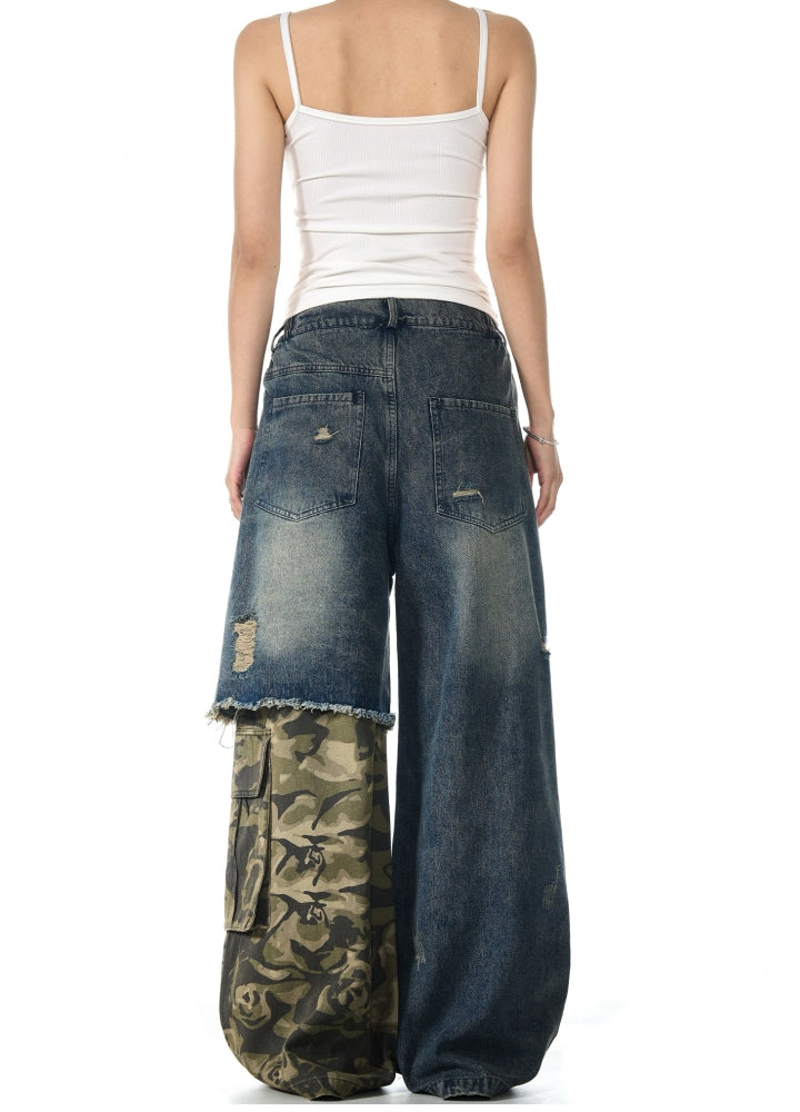 【MAXDSTR】Half-gimmick camouflage design layered distressed denim pants  MD0193