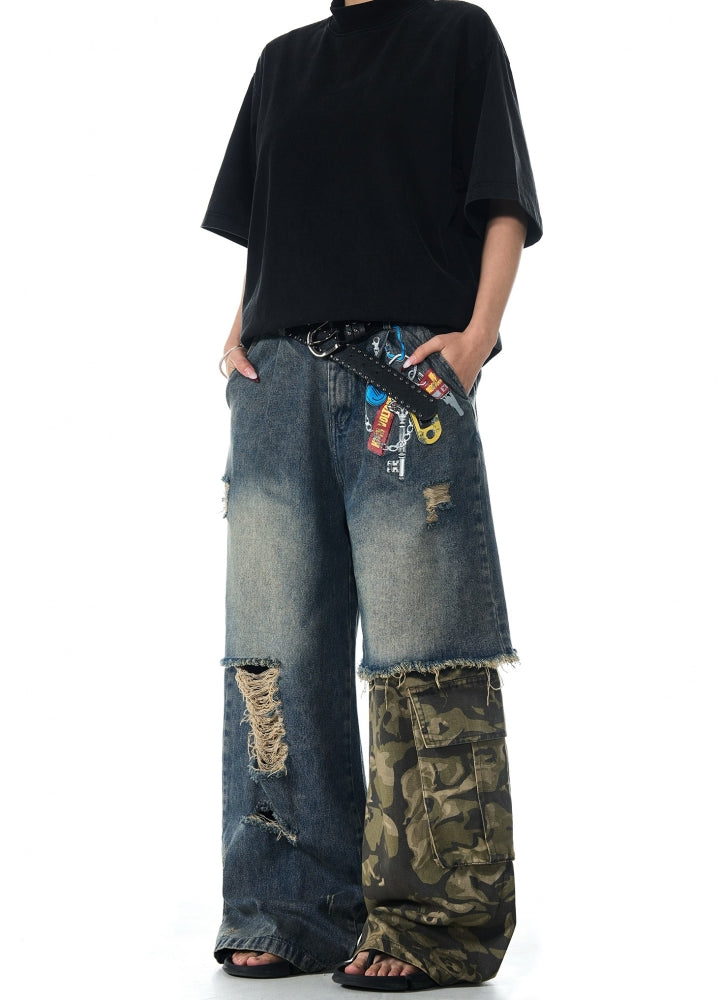 【MAXDSTR】Half-gimmick camouflage design layered distressed denim pants  MD0193