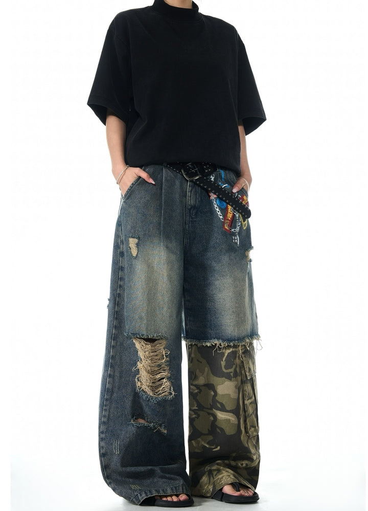 【MAXDSTR】Half-gimmick camouflage design layered distressed denim pants  MD0193