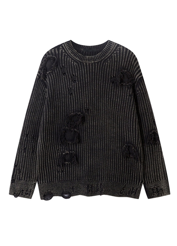 【MR nearly】Mid-length distressed simple design tight fit knit sweater  MR0151