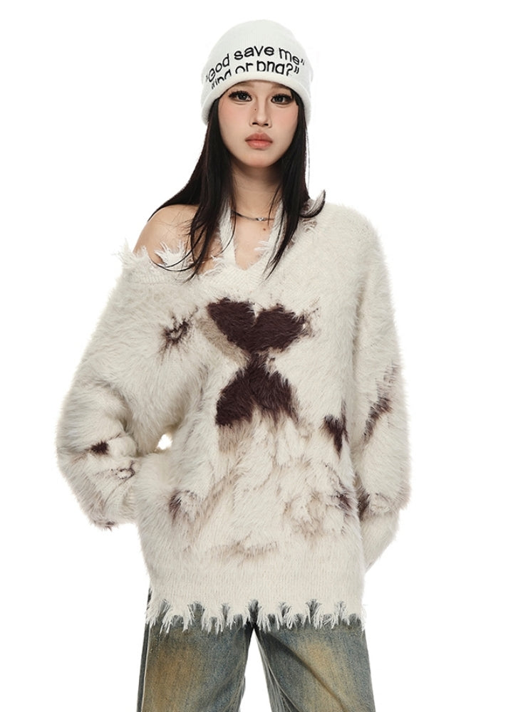 【VINMUK】Front grunge butterfly design distressed knit sweater  VM0022