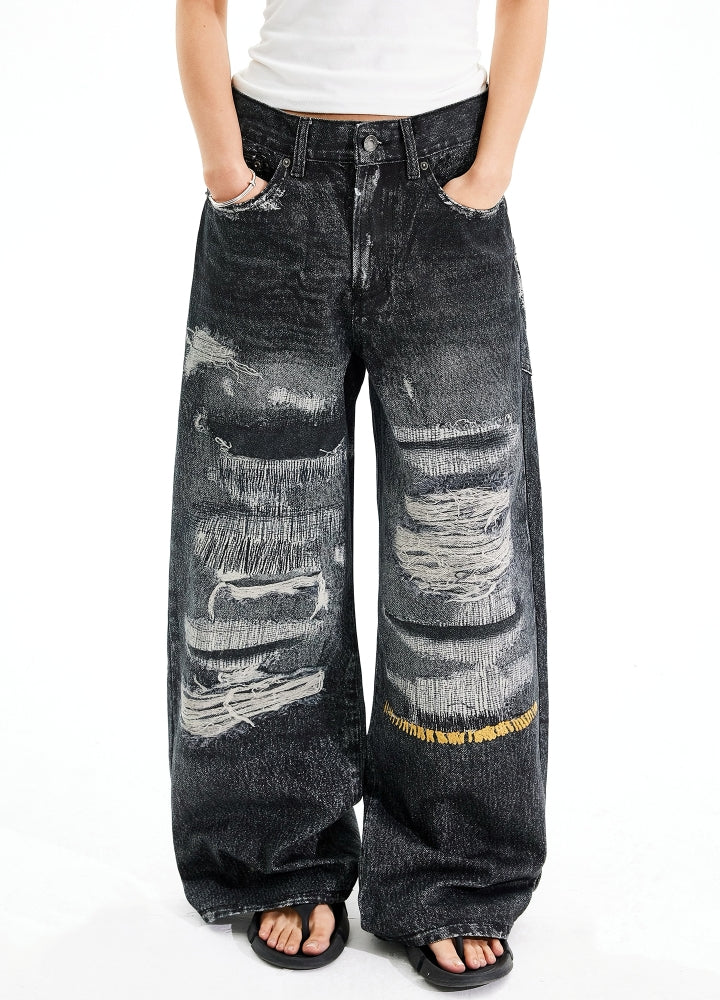 【MAXDSTR】Distressed brushed design wide silhouette denim pants  MD0195