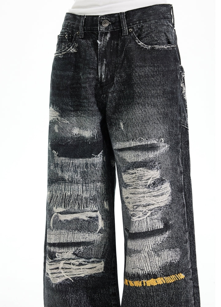 【MAXDSTR】Distressed brushed design wide silhouette denim pants  MD0195