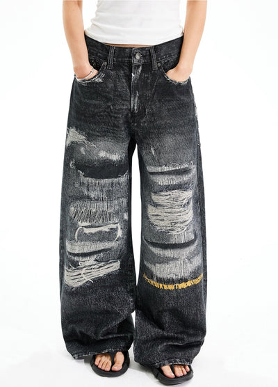 【MAXDSTR】Distressed brushed design wide silhouette denim pants  MD0195