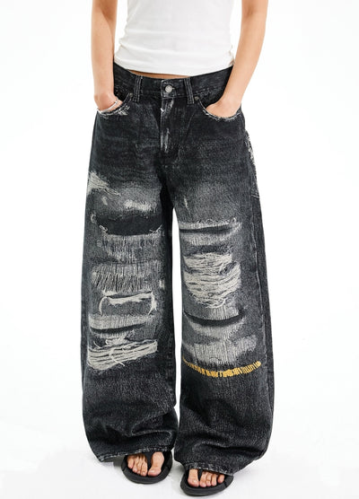 【MAXDSTR】Distressed brushed design wide silhouette denim pants  MD0195