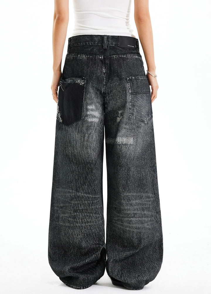 【MAXDSTR】Distressed brushed design wide silhouette denim pants  MD0195