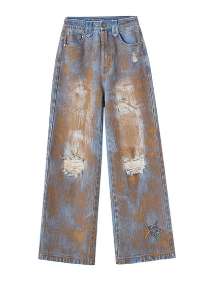 【YUKAHOUSE 】Mid-distressed vintage wash denim pants  YO0022