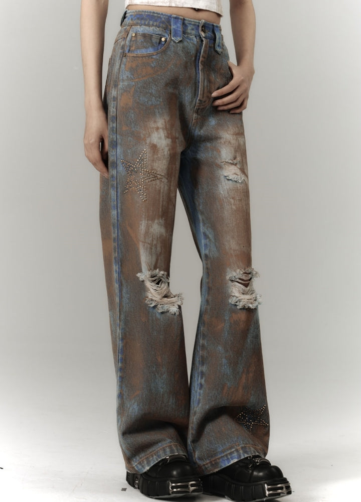 【YUKAHOUSE 】Mid-distressed vintage wash denim pants  YO0022