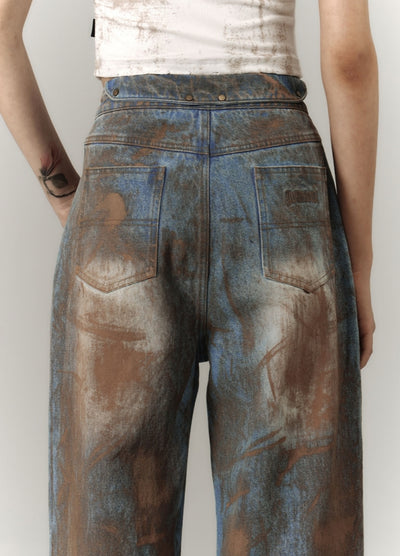 【YUKAHOUSE 】Mid-distressed vintage wash denim pants  YO0022