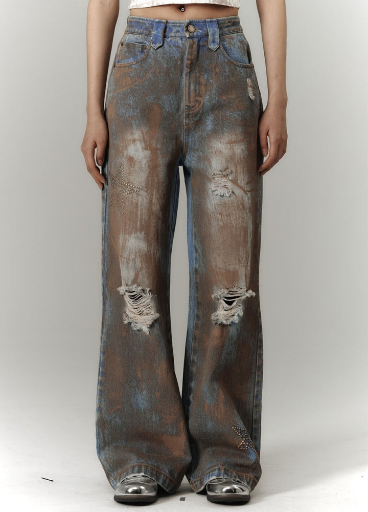 【YUKAHOUSE 】Mid-distressed vintage wash denim pants  YO0022