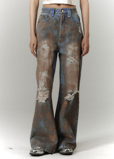 【YUKAHOUSE 】Mid-distressed vintage wash denim pants  YO0022