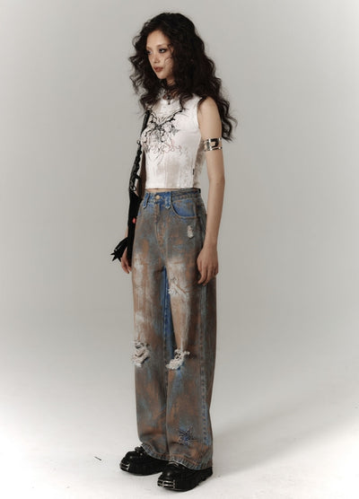 【YUKAHOUSE 】Mid-distressed vintage wash denim pants  YO0022