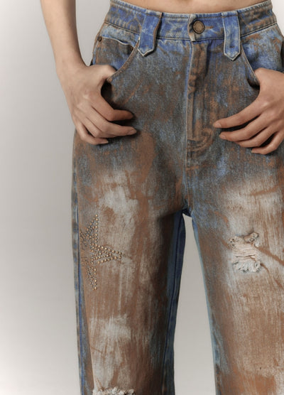 【YUKAHOUSE 】Mid-distressed vintage wash denim pants  YO0022