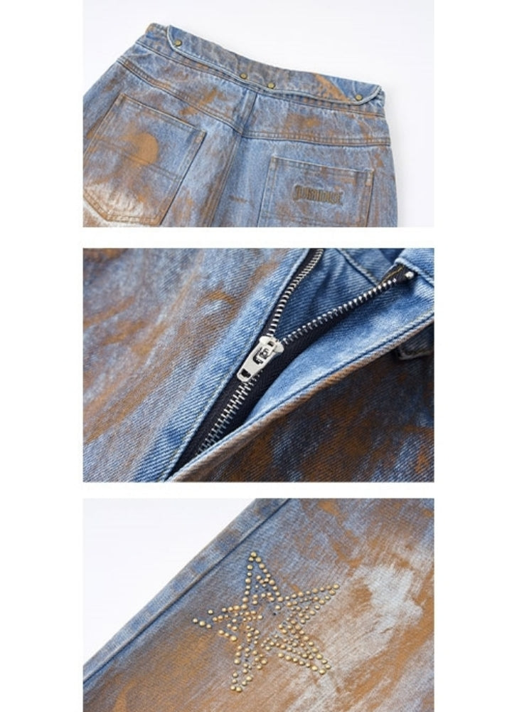 【YUKAHOUSE 】Mid-distressed vintage wash denim pants  YO0022