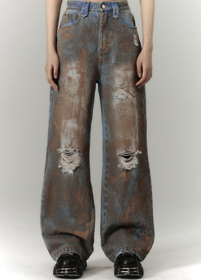 【YUKAHOUSE 】Mid-distressed vintage wash denim pants  YO0022