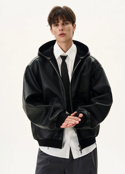 【MAXDSTR】Hoodie plus full zip silhouette synthetic leather jacket  MD0197