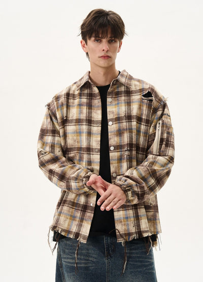 【MAXDSTR】Mid-distressed check pattern basic style antithesis long sleeve shirt  MD0200