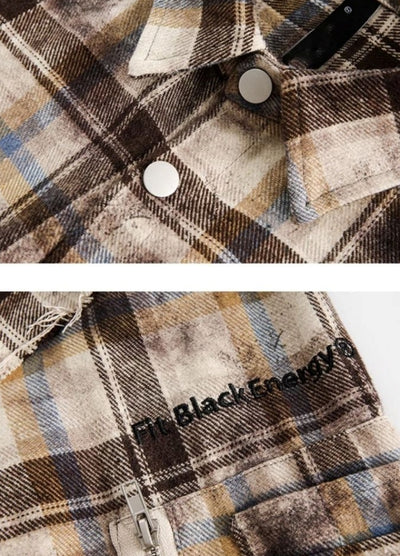 【MAXDSTR】Mid-distressed check pattern basic style antithesis long sleeve shirt  MD0200