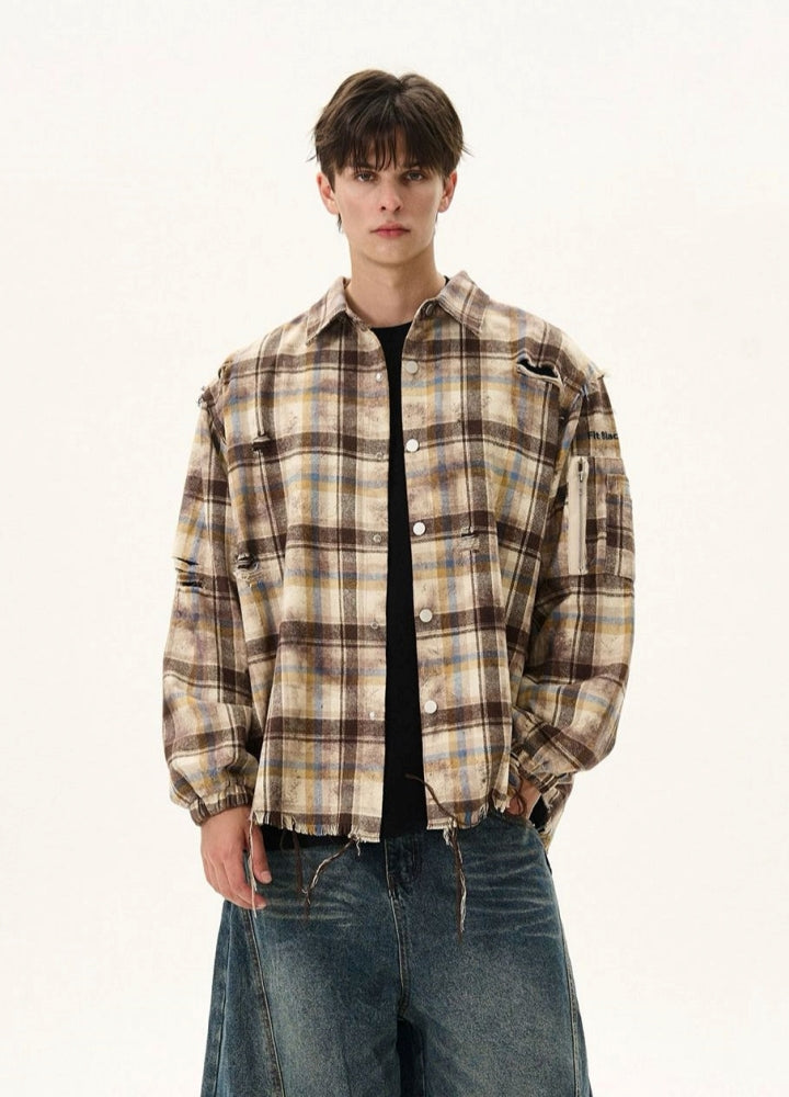 【MAXDSTR】Mid-distressed check pattern basic style antithesis long sleeve shirt  MD0200