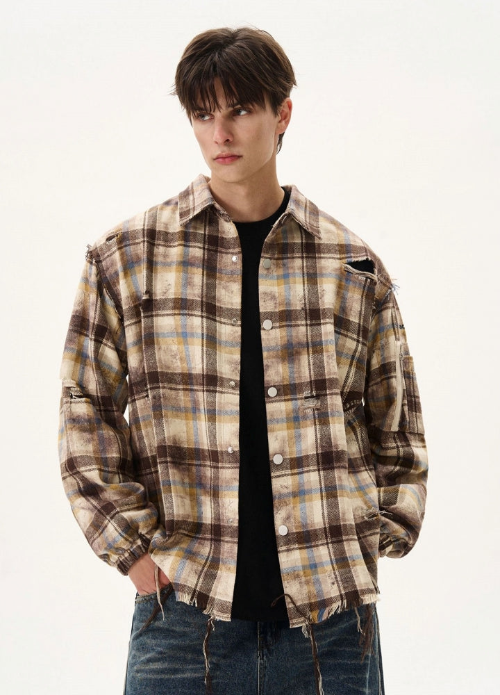 【MAXDSTR】Mid-distressed check pattern basic style antithesis long sleeve shirt  MD0200