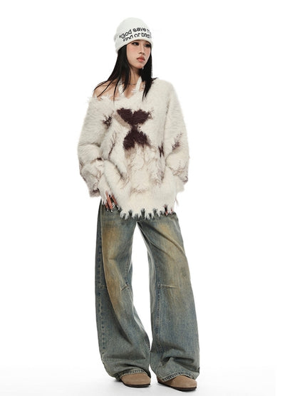 【VINMUK】Front grunge butterfly design distressed knit sweater  VM0022