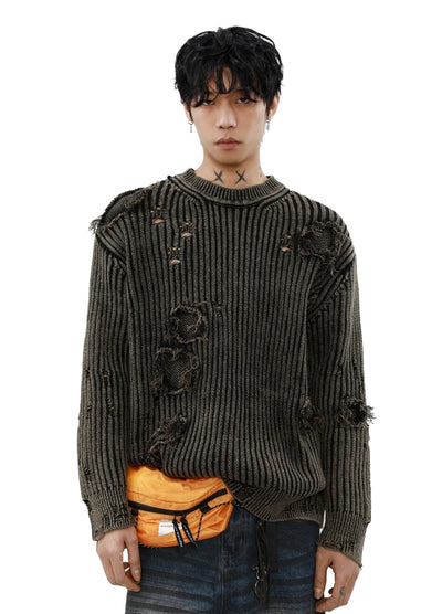 【MR nearly】Mid-length distressed simple design tight fit knit sweater  MR0151