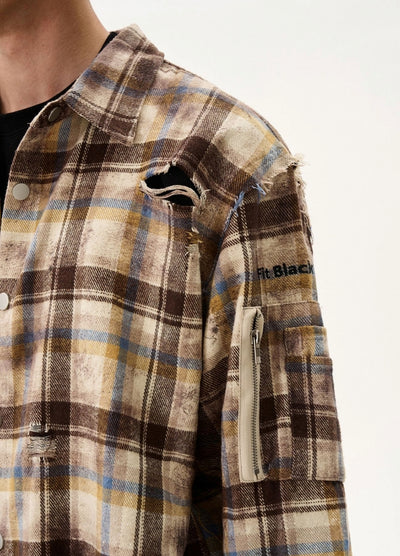 【MAXDSTR】Mid-distressed check pattern basic style antithesis long sleeve shirt  MD0200