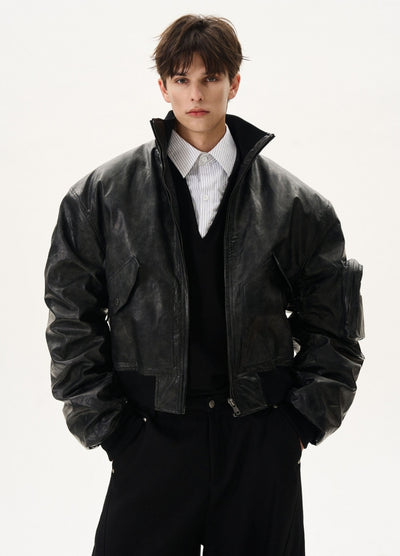 【MAXDSTR】Vintage style synthetic leather high neck jacket  MD0201