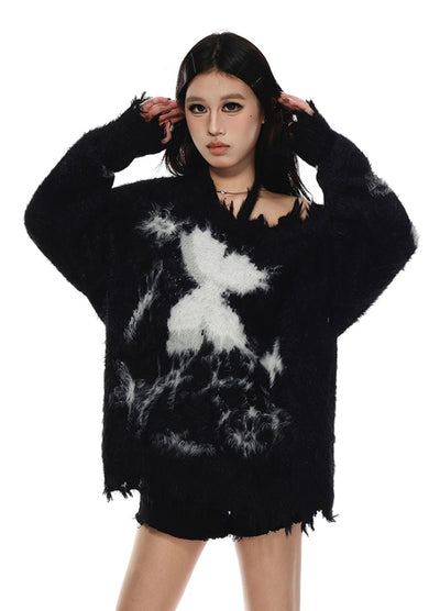 【VINMUK】Front grunge butterfly design distressed knit sweater  VM0022