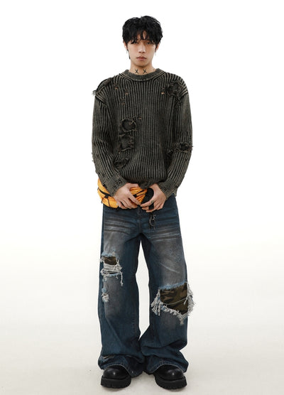 【MR nearly】Mid-length distressed simple design tight fit knit sweater  MR0151