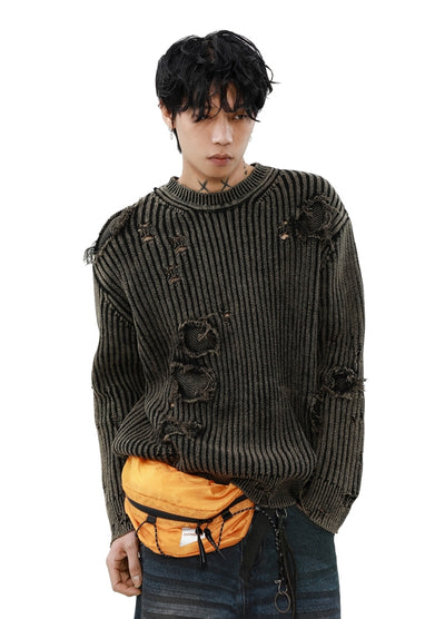 【MR nearly】Mid-length distressed simple design tight fit knit sweater  MR0151