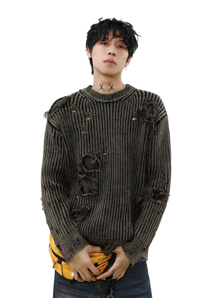 【MR nearly】Mid-length distressed simple design tight fit knit sweater  MR0151