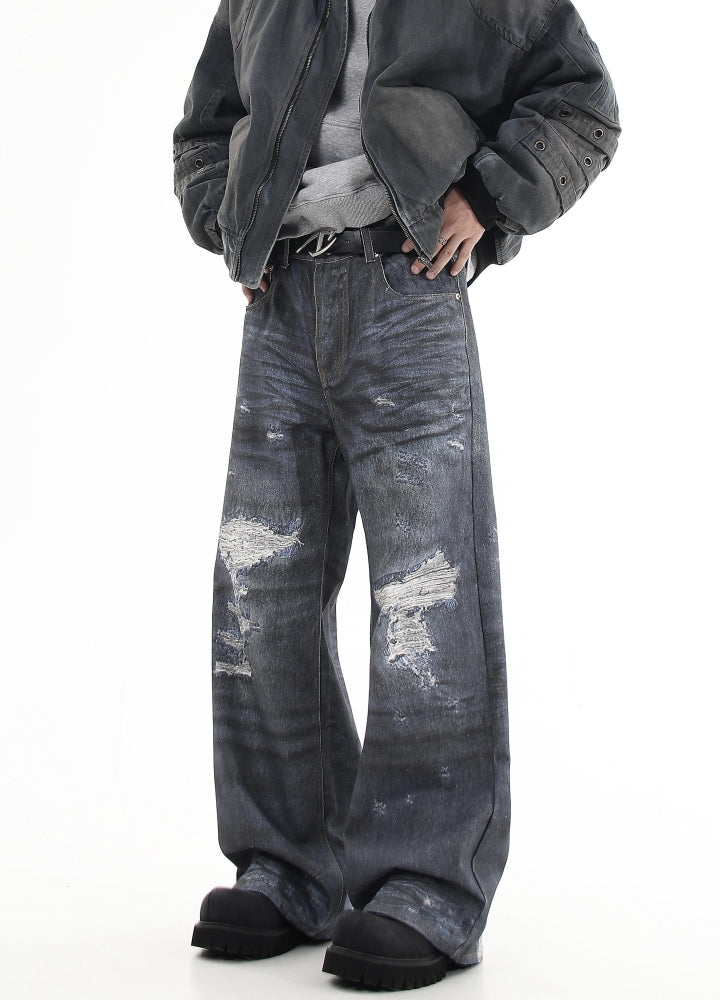 【Blacklists】Navy blue distressed wide denim pants  BL0028