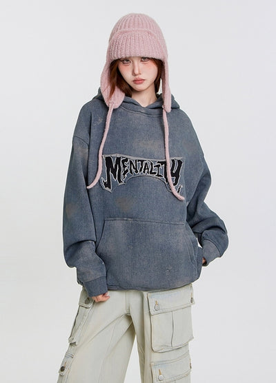 【NIHAOHAO】Vintage dull base color front initial hoodie  NH0200