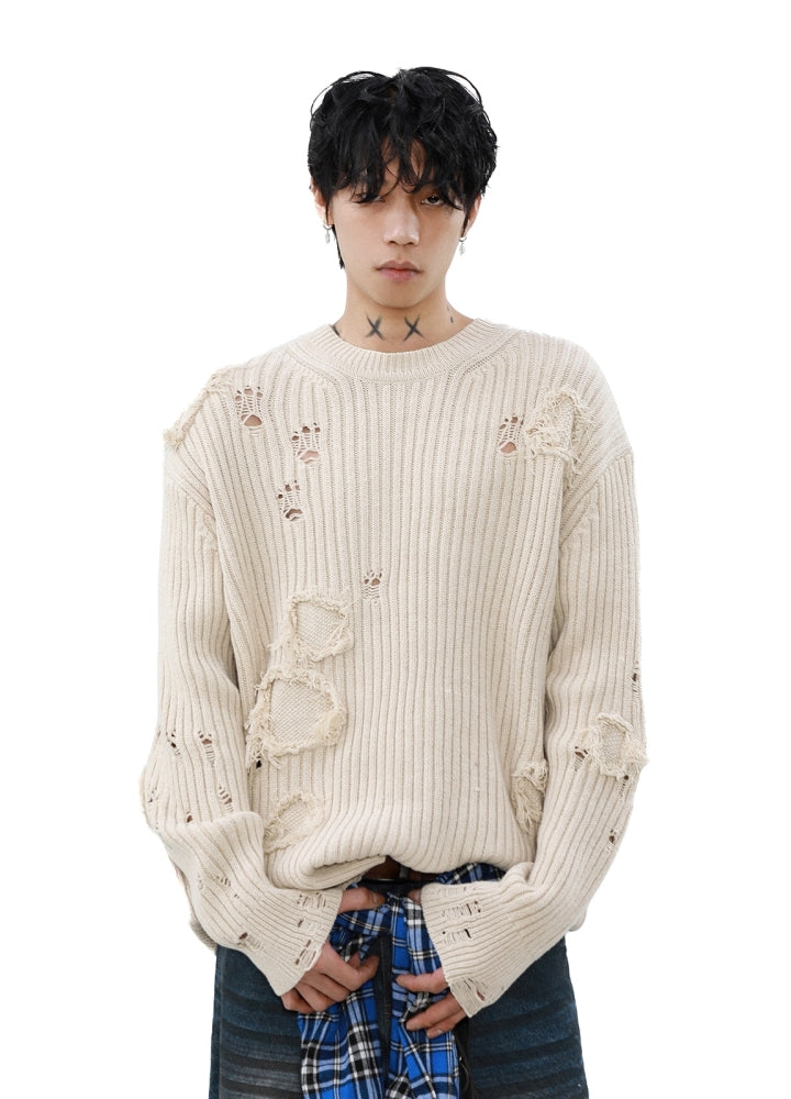 【MR nearly】Mid-length distressed simple design tight fit knit sweater  MR0151