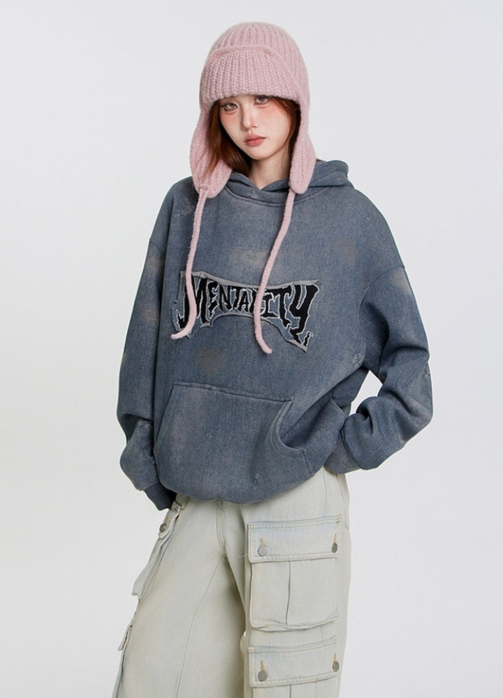 【NIHAOHAO】Vintage dull base color front initial hoodie  NH0200