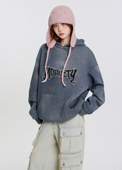 【NIHAOHAO】Vintage dull base color front initial hoodie  NH0200