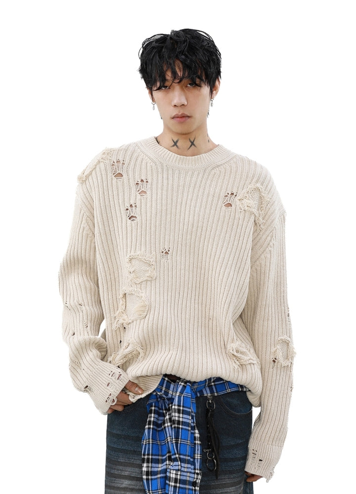 【MR nearly】Mid-length distressed simple design tight fit knit sweater  MR0151