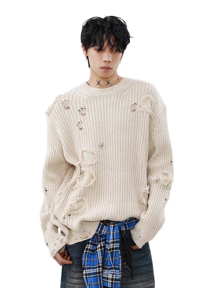 【MR nearly】Mid-length distressed simple design tight fit knit sweater  MR0151