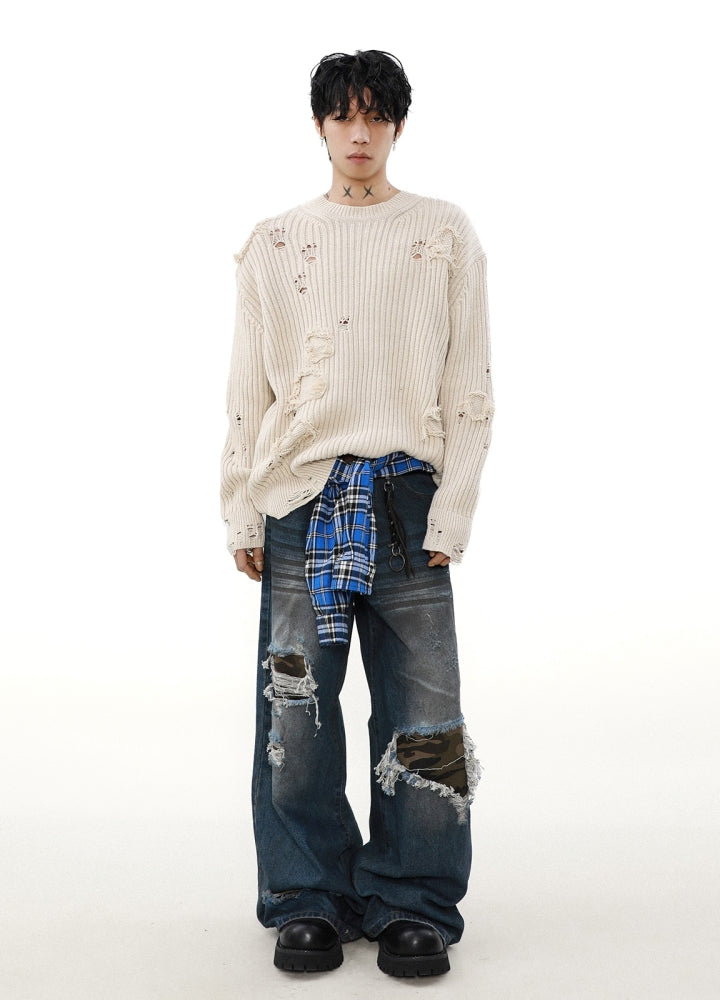 【MR nearly】Mid-length distressed simple design tight fit knit sweater  MR0151