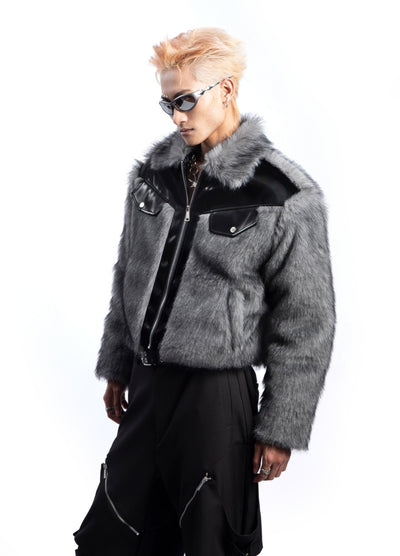 【PLAN1ONE】Fur design with black accent full zip short jacket  PL0054