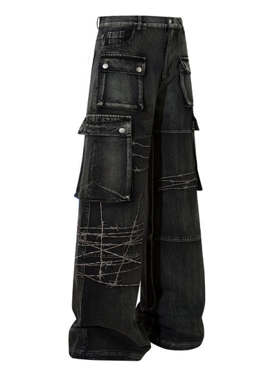 【Blacklists】Basic wide straight mid-length cargo denim pants  BL0030