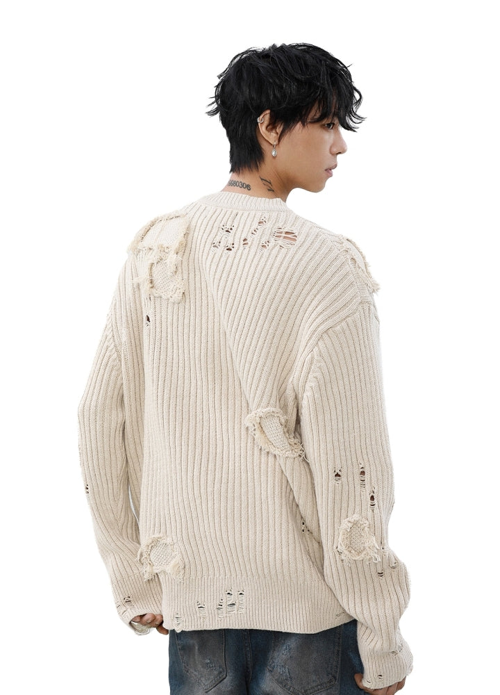 【MR nearly】Mid-length distressed simple design tight fit knit sweater  MR0151