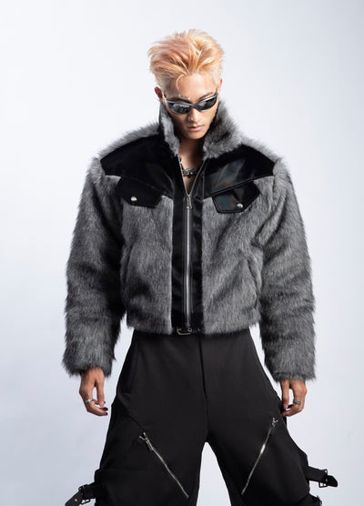 【PLAN1ONE】Fur design with black accent full zip short jacket  PL0054